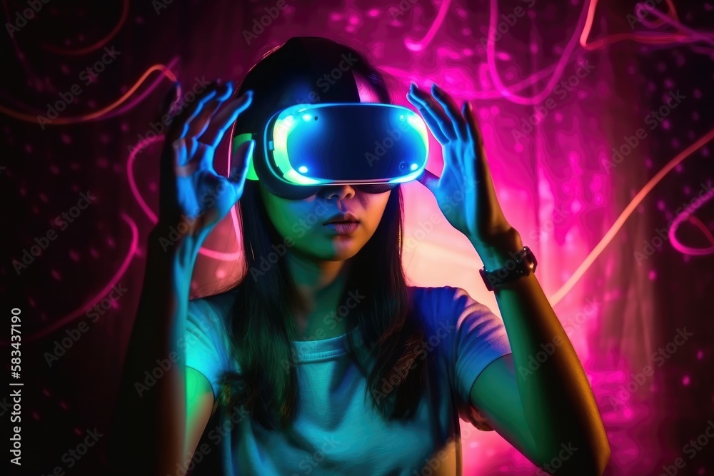 Young woman using glasses of virtual reality on dark background. Smartphone using with VR headset,virtual reality,future technology concept.Asian woman using VR glasses in colorful neon lights