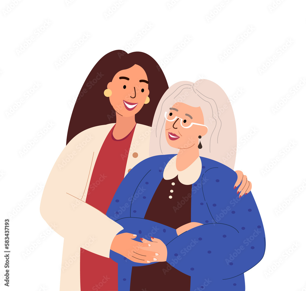 Portrait of happy retired Elderly Mother and adult daughter hug each other.Adult woman embracing mature parent or grandparent isolated on white.Parent with child feeling love.Flat Vector illustration Portrait of happy retired Elderly Mother and adult daughter hug each other.Adult woman embracing mature parent or grandparent isolated on white.Parent with child feeling love.Flat Vector illustration