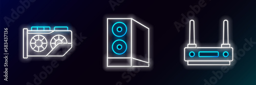 Set line Router and wi-fi signal, Video graphic card and Case of computer icon. Glowing neon. Vector