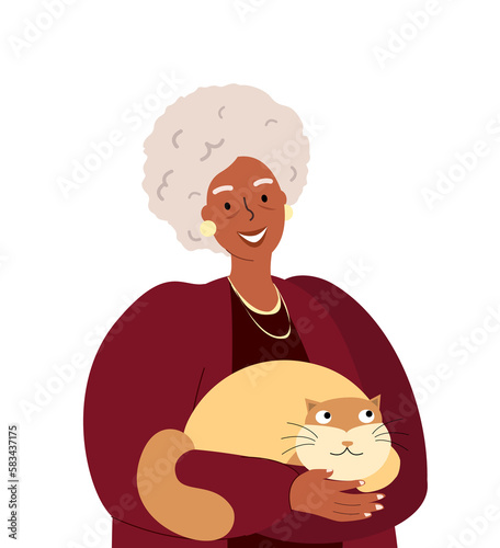 Smiling African Senior Lady with cat,happy elderly retired woman hug her fat cat.Happy woman,Old Senior Person wear fashion stylish clothes,accessory.Flat vector illustration isolated,white background