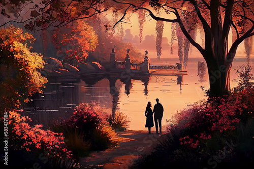 Romantic date in a picturesque park. AI generated.