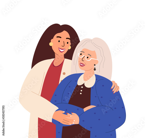 Portrait of happy retired Elderly Mother and adult daughter hug each other.Adult woman embracing mature parent or grandparent isolated on white.Parent with child feeling love.Flat Vector illustration