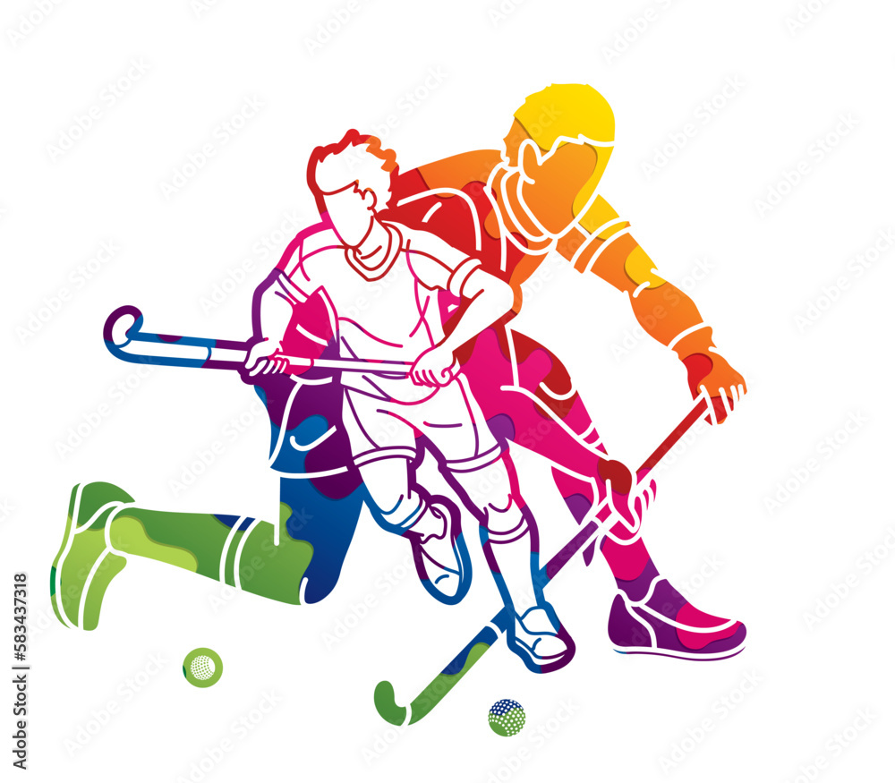 Field Hockey Sport Team Male Players Mix Action Cartoon Graphic Vector