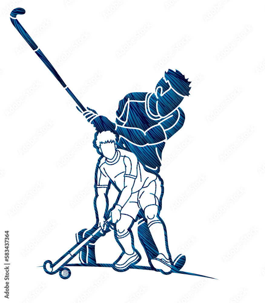Obraz premium Field Hockey Sport Team Male Players Mix Action Cartoon Graphic Vector