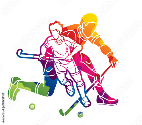 Fototapeta Naklejka Na Ścianę i Meble -  Field Hockey Sport Team Male Players Mix Action Cartoon Graphic Vector