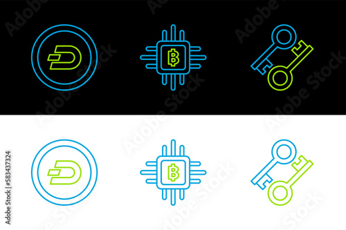 Set line Cryptocurrency key, coin Dash and CPU mining farm icon. Vector