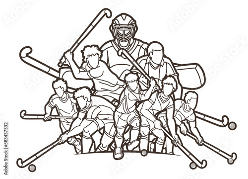 Field Hockey Sport Team Male Players Mix Action Cartoon Graphic Vector