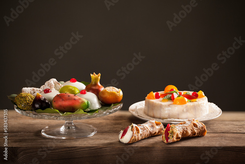 Wallpaper Mural Typical Sicilian sweets, Sicilian Cassata, Marzipan Fruit, Cannoli di ricotta - different types Torontodigital.ca
