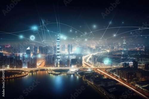 Modern city with wireless network connection and city scape concept. Wireless network and Connection technology concept with city background at night - generative ai