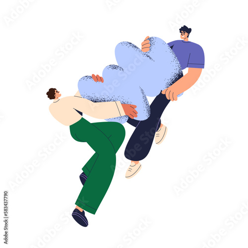 Partners holding abstract shape together. Partnership, team work, business cooperation, synergy concept. Creative characters in collaboration. Flat vector illustration isolated on white background