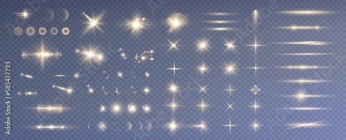 Golden particles of light. Golden light. Light flare.Stars isolated on transparent background.