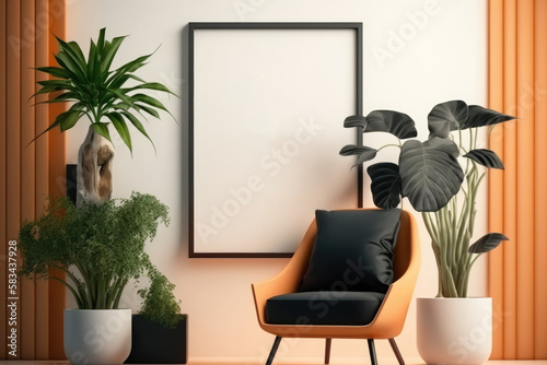 Mockup blank 4 black picture frame gallery on the white beige wall in contemporary living room with orange armchair and house plants in morning sunlight. 3D render for poster frame template. - generat photo