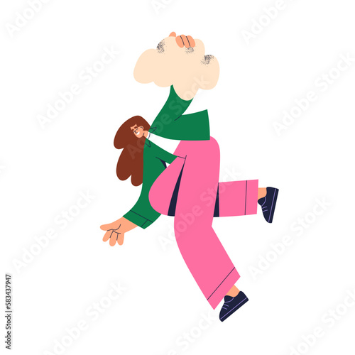 Happy girl flying, holding abstract shape. Trendy young woman with cloud in hand, floating in air. Creativity, freedom, inspiration, idea concept. Flat vector illustration isolated on white background