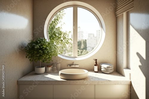 Modern and luxury beige bathroom with white ceramic washbasin in dappled sunlight from window and leaf shadow on marble wall for personal and toiletries product display background - generative ai © Andrus Ciprian