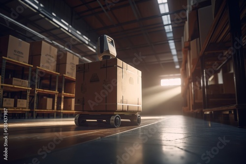 Automated robotic carrying box in warehouse, Distribution logistics center concept. Created Generative Ai