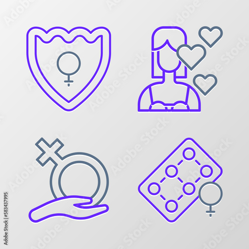 Set line Packaging of birth control pills, Female gender, Love yourself and Gender shield, icon. Vector