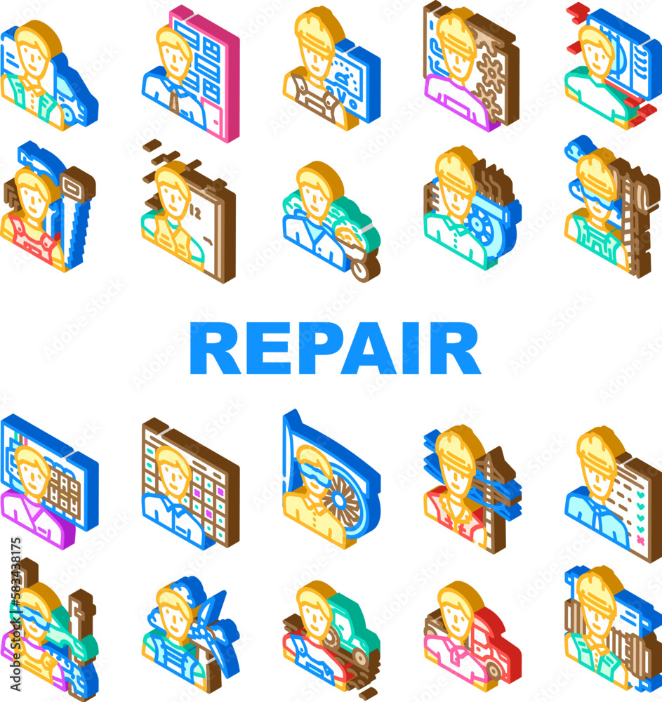 repair worker equipment job icons set vector repair worker equipment job icons set vector