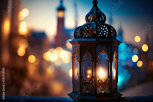 Festive greeting card for Muslim holy month Ramadan Kareem. Generative ai.