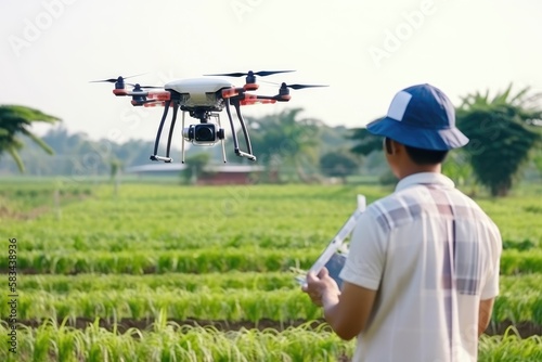 5G technology trend and smart farm agriculture concept. Farmer use ai drone and robot farmers( automation) to monitor check the health of Hydroponics plant. Agriculture drone fly for research analysis