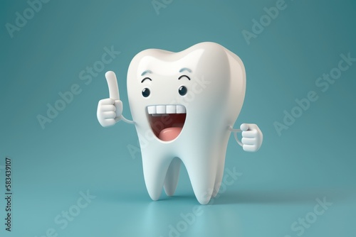 3D realistic happy white tooth, Tooth cartoon- generative ai