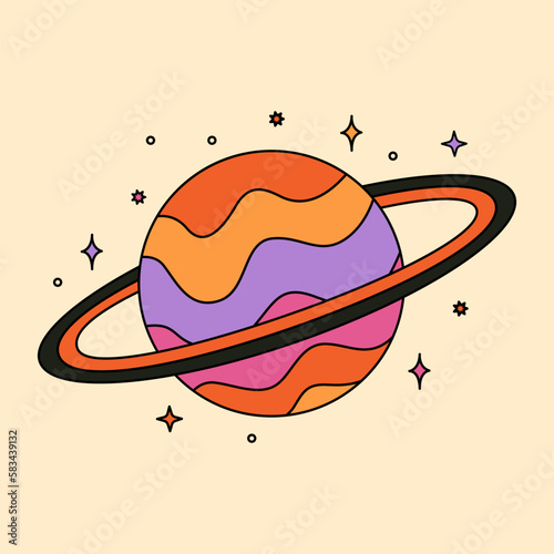 Abstract psychedelic planet with rings illustration in 70s and 80s style. Acid space, trippy art. Vintage hippie drawing. Groovy vector graphic.