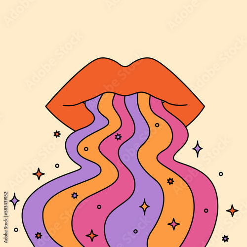 Abstract psychedelic lips with rainbow waves illustration in 70s and 80s style. Trippy mouth art. Vintage hippie drawing. Groovy vector graphic.