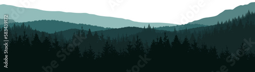 Forest hill mountains woods blackforest vector illustration banner nature outdoor adventure landscape panorama - Green silhouette of spruce and fir trees, isolated on white background © Corri Seizinger