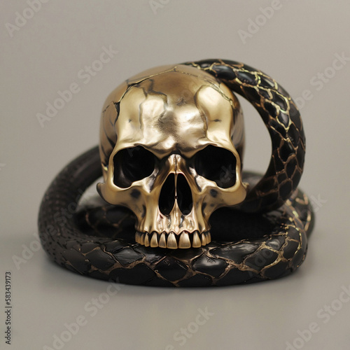 Concept illustration 3D rendering of scary golden skull without lower jaw and with golden teeth on a black tangled snake and isolated on black background.