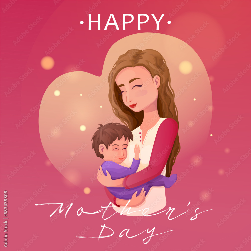 Happy Mothers day greeting with woman holding child smiling in heart shape in cartoon style, mum and baby poster, card with text. Happy Mothers day greeting with woman holding child smiling in heart shape in cartoon style, mum and baby poster, card with text.