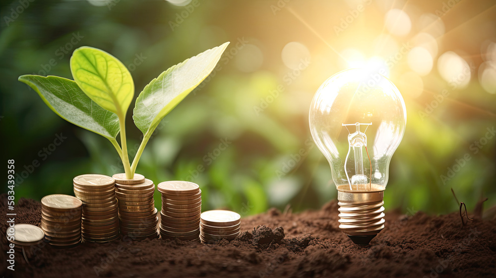 Investissement dans l'énergie verte - Croissance des plantes sur l'argent et arbre dans l'ampoule - Générée par IA