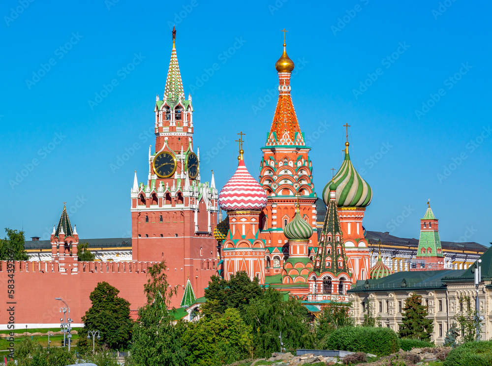 Cathedral of Vasily the Blessed (Saint Basil's Cathedral) and Spasskaya Tower on Red Square, Moscow, Russia