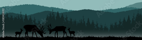 Black silhouette of fir trees and wild deer, landscape panorama illustration icon vector for forest wildlife adventure camping logo, isolated on white background