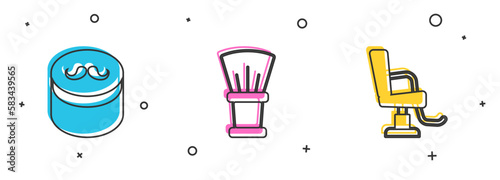 Set Gel or wax for hair styling, Shaving brush and Barbershop chair icon. Vector