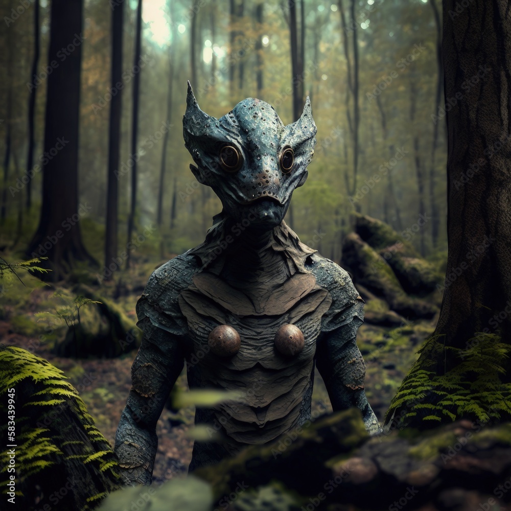 Cryptic Creature Disguised as Leaves and Branches in the Woods generative ai illustration Cryptic Creature Disguised as Leaves and Branches in the Woods generative ai illustration