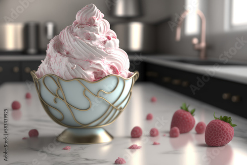 Ice cream bowl with berry topping, Generative AI