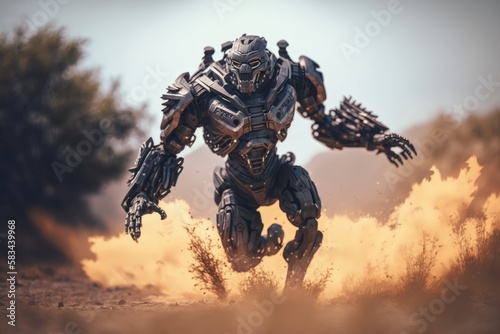 Sci-fi Futuristic Robot Warrior in Action Amidst Blurred Desert and Smoke generative ai illustration 