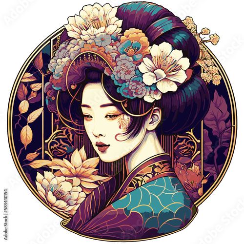 japanese geisha with sakura flowers, fictional person created with generative ai