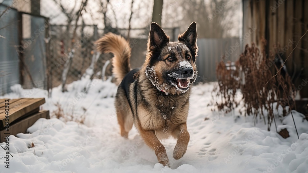 Happy dog playing in backyard in winter snow Happy dog playing in backyard in winter snow