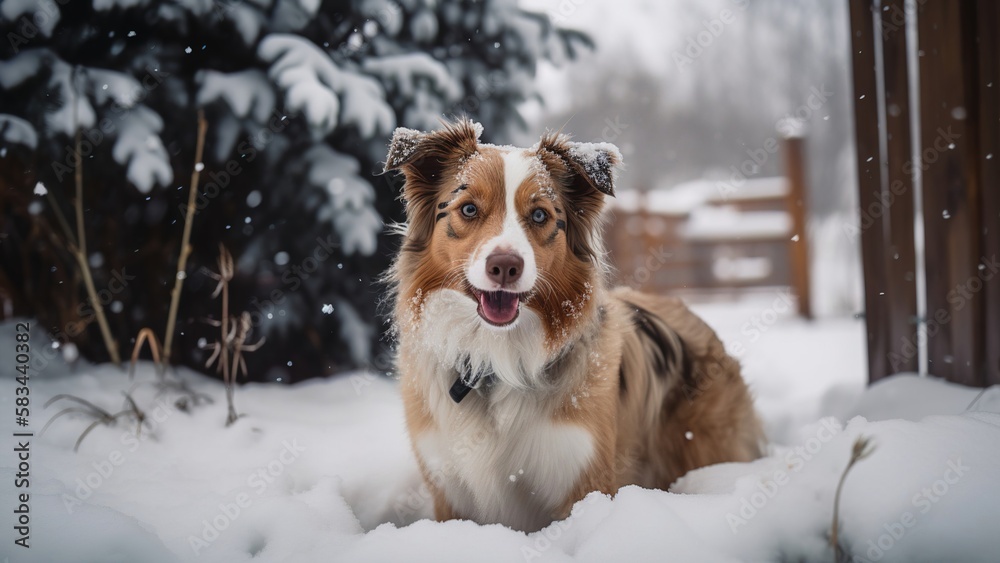 Happy dog playing in backyard in winter snow Happy dog playing in backyard in winter snow