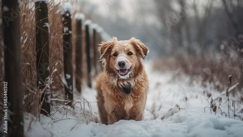 Happy dog ​​playing in backyard in winter snow
