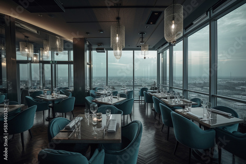 Restaurant with a panoramic view of the night city. AI Generated