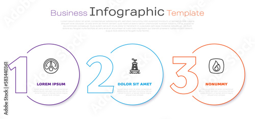 Set line Motor gas gauge, Oil rig and Fire flame. Business infographic template. Vector