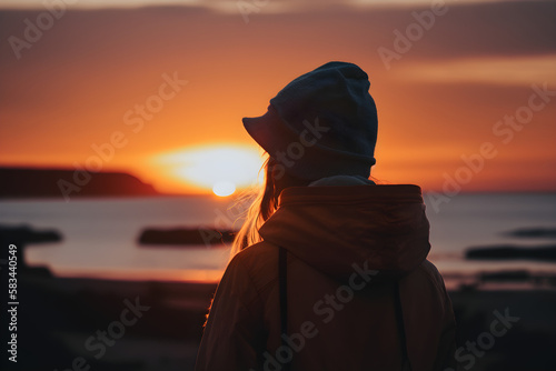 beautiful girl watching sunset, silhouette of a girl at sunset, silhouette of a person in the sunset, silhouette of a person on the beach, Generative AI
