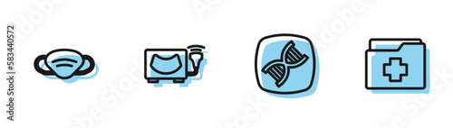 Set line DNA symbol, Medical protective mask, Ultrasound and Patient record icon. Vector