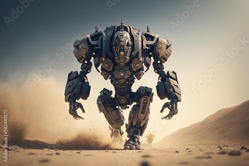 Sci-fi Futuristic Robot Warrior in Action Amidst Blurred Desert and Smoke generative ai illustration