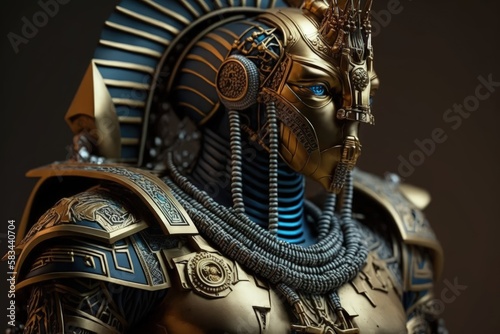 Gold Pharaoh Robot Epic Sci-fi Portrait with Ornament Details and Dynamic Action Pose generative ai illustration 
