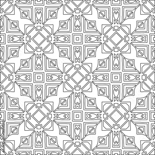  Monochrome ornamental texture with smooth linear shapes, zigzag lines, lace pattern.Abstract geometric black and white pattern for web page, textures, card, poster, fabric, textile.