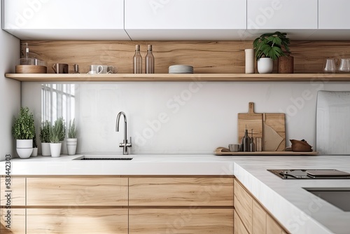 Close up of a kitchen counter made of white and wood with a big sink  a white wall  jars  and dishes. a mockup. Generative AI