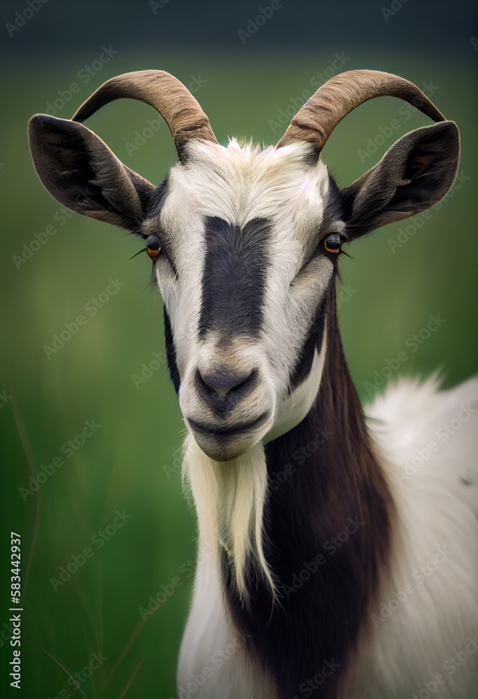 Portrait of a goat in the pasture. AI generated
