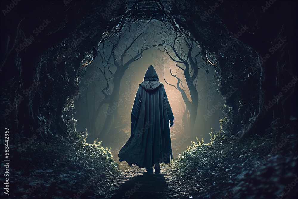 A dark magician in a cloak walks through the forest on a full moon. AI generated - obrazy, fototapety, plakaty 